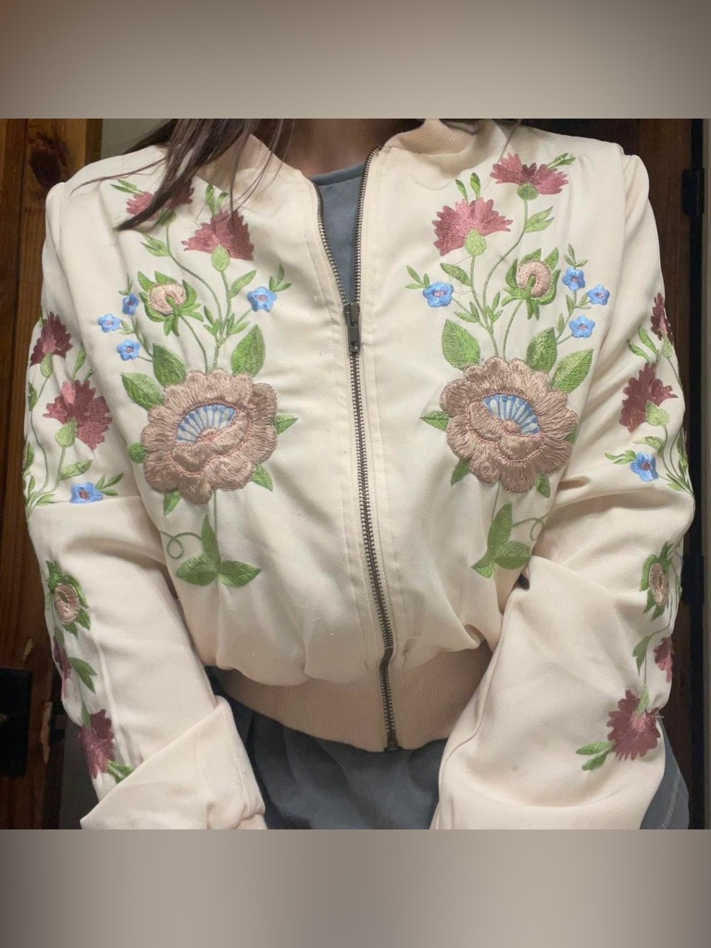 Embroidered Floral Bomber Jacket - Cream